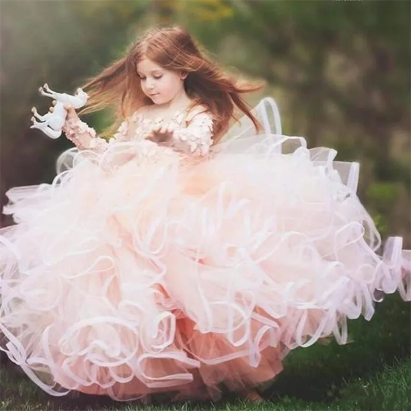

Luxury Flower Girl Dress with Floral Applique Fluffy Ruffles Long Sleeves Pageant Gown Custom Made Jewel Neck Vestidos de Fiest