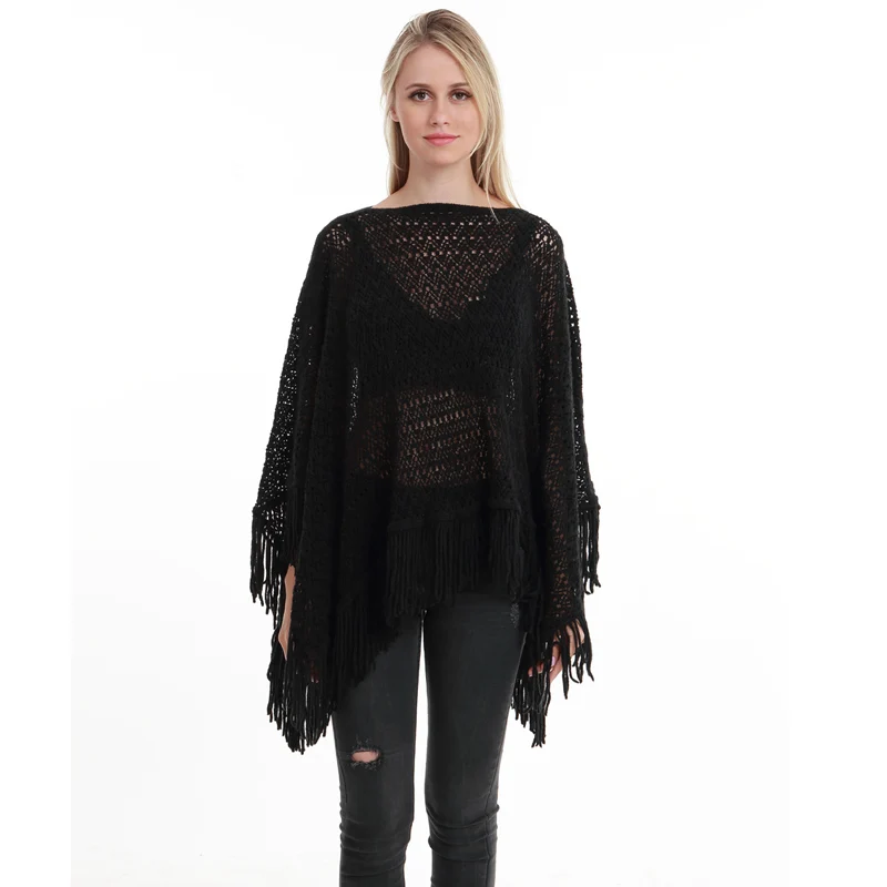 

New Autumn Fashion Woman Poncho Hollow Tassel Loose Sweater For Women Pullover plus size Thin Sweater Loose Shawl