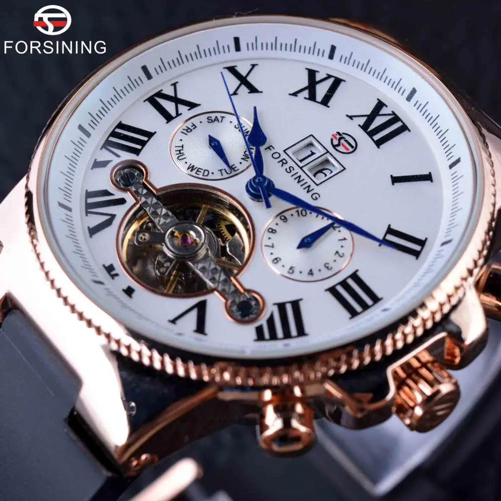 Forsining розовое золото ободок турбийн Дизайнер Высокое качество ПВХ ремешок Мужские автоматические наручные часы Мужские часы лучший бренд класса люкс - Цвет: White Golden