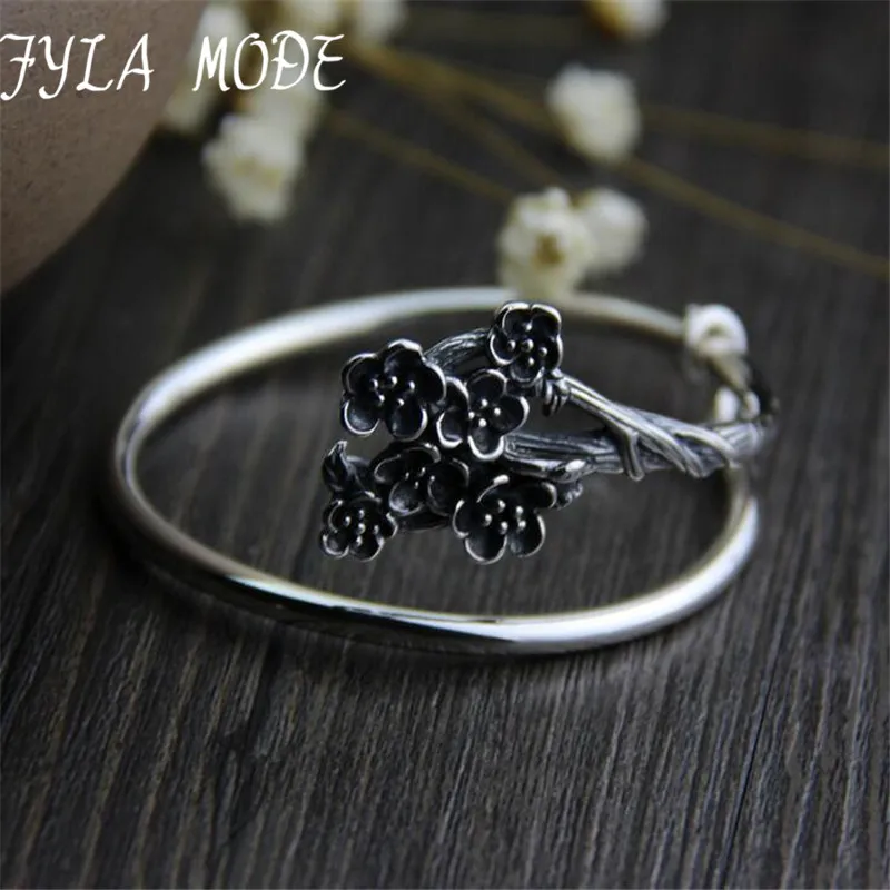 

New Delicate S925 Silver Simple Plum Flower Branch Wrap Cuff Bracelets for Women Antique Thai Silver Jewelry For Mother