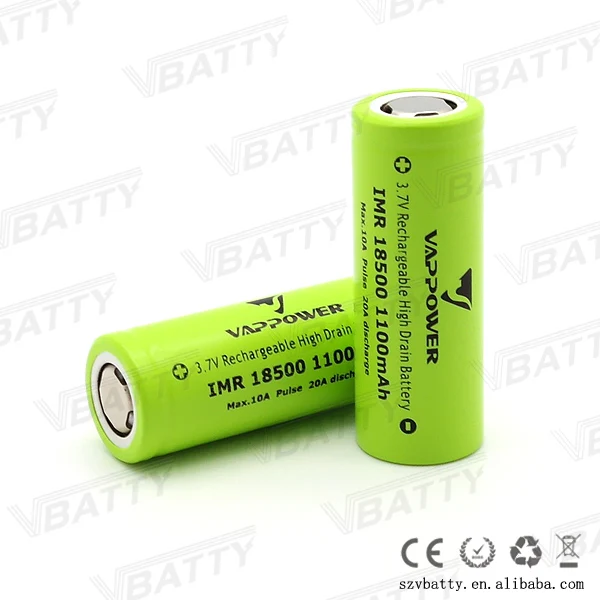 Vappower IMR 18500 1100 mah 20A 3,7 V литий-ионная аккумуляторная батарея с плоским верхом(1 шт