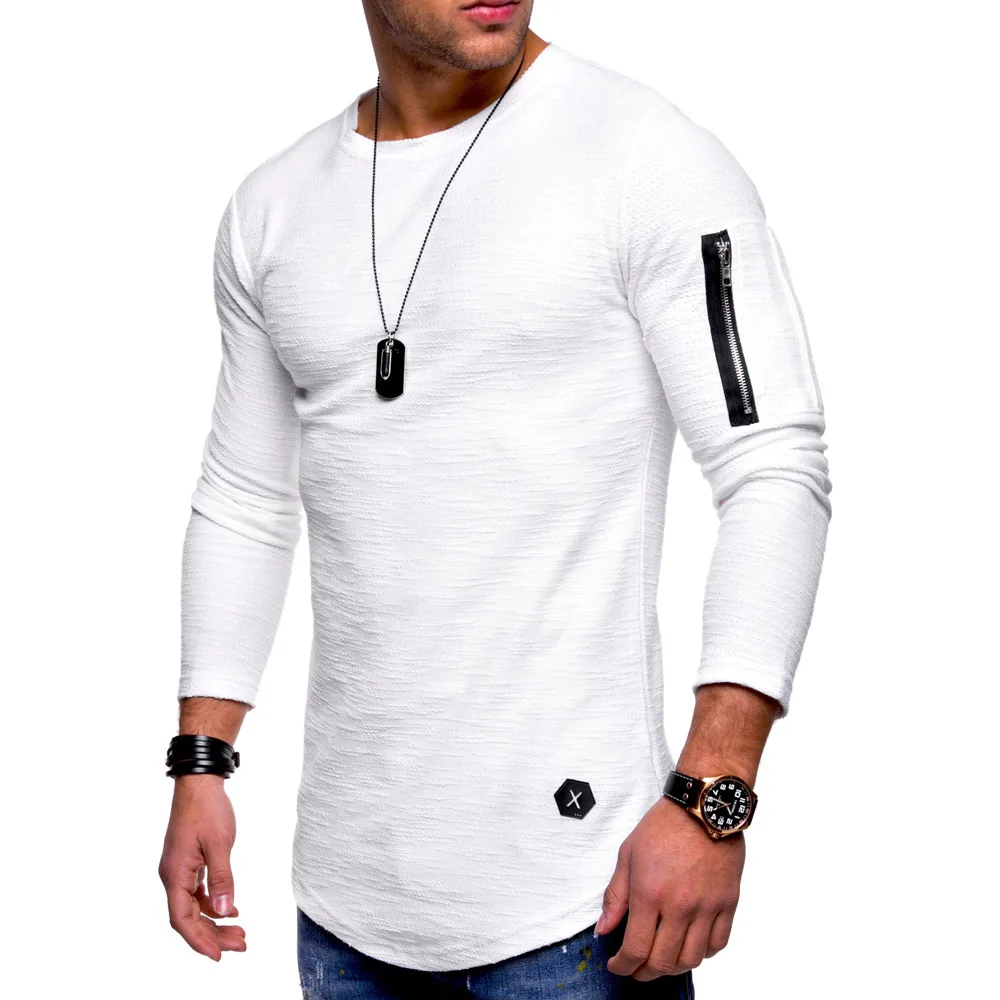 Мужская футболка,, модная, брендовая, повседневная, для фитнеса, хипстер, футболка с длинным рукавом, с карманом на руках, на молнии, из кусков, с круглым вырезом, уличная одежда, Топ - Цвет: White