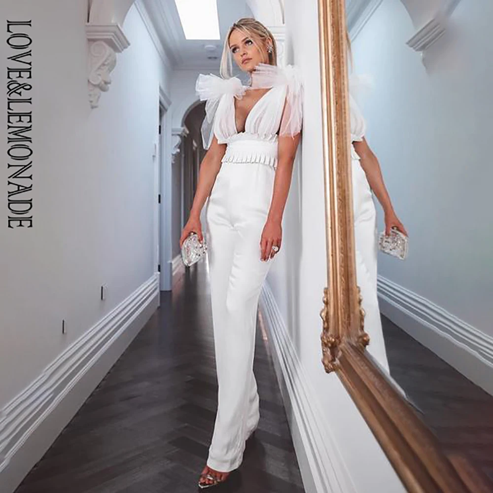 

LOVE&LEMONADE Sexy White V-Neck Upper Body Mesh Straps High Waist Fit Jumpsuit LM90006