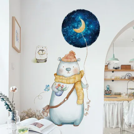 Cute Bear Door Home Decor Wall Stickers DIY Cartoon Animal Kids Room Nursery Decortaion Poster Wallpaper
