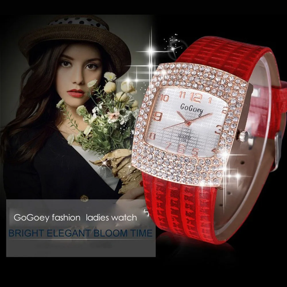 

2019 New Fashion Diamond Women Watch Red Leather Strap Casual Watch Wrist Big Dial Rose Gold Case Lady Watches Wristwatch Clock