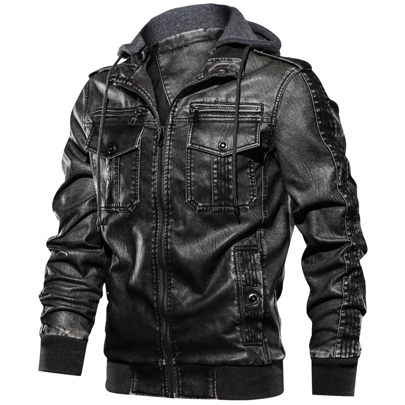 New Fashion Hooded Leather Jacket Men Casual Pockets Biker Motorcycle PU Faux Leather Coats Zipper Bomber Jackets jaqueta couro