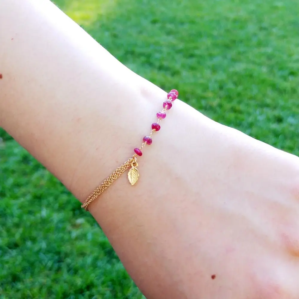 Lii Ji Genuine Red Ruby Bracelet 925 Sterling Silver 18K Gold Plated Leaf with 9K Gold Chain Link Delicate Bracelet For Women