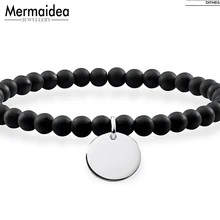 Бисерные ID браслеты с Бисер из обсидиана Серебряный Диск 925 пробы серебряные модные украшения классический подарок для женщин девочек