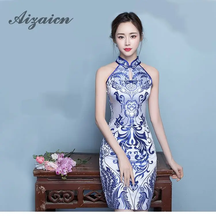 Синий Xiaqinghua фарфор церемонии Cheongsam юбка китайское платье современные Qipao Винтаж сексуальный Восточный халат Chinoise Qi Pao