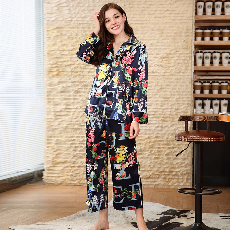 

PS0119 2018 New Satin Silk Female 2 Pieces Set Ladies Pajama Set Flower Printed Women Pajamas Lady Full Sleeves Sleepwear Pyjama