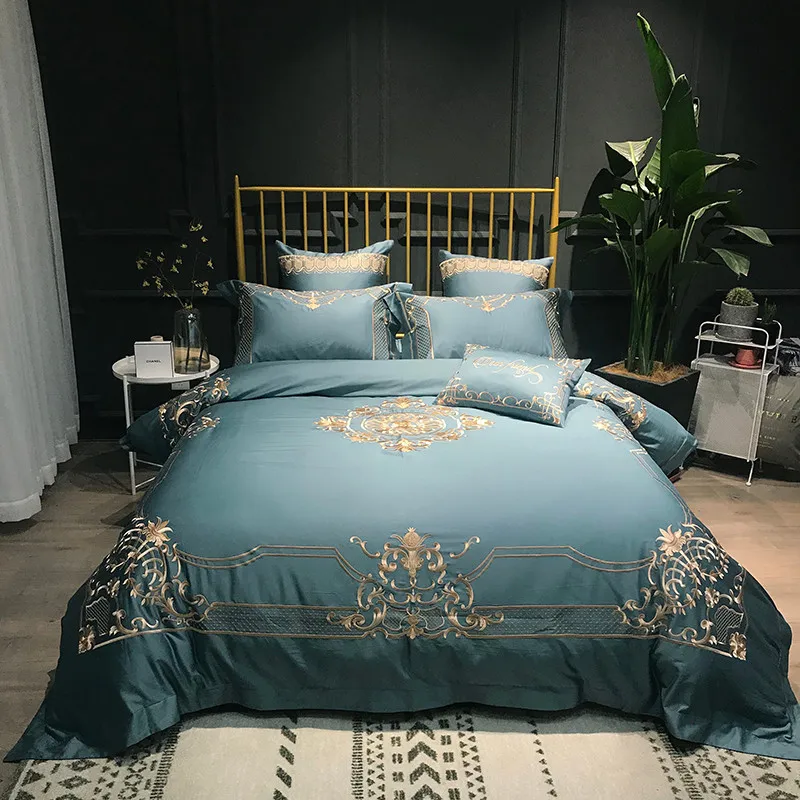 

80S Egyptian Cotton Red/blue luxury Golden Embroidery Bedding Set Duvet Cover Bed Linen Bed sheet Pillowcases Queen King size
