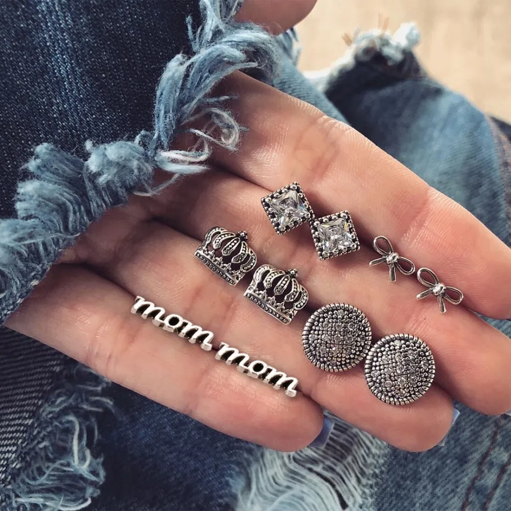 

5pair/set New Fashion Crystal Crown Mom Letter Stud Earring Vintage Dazzling Jewelry for Mother's Day Gifts pendientes brincos