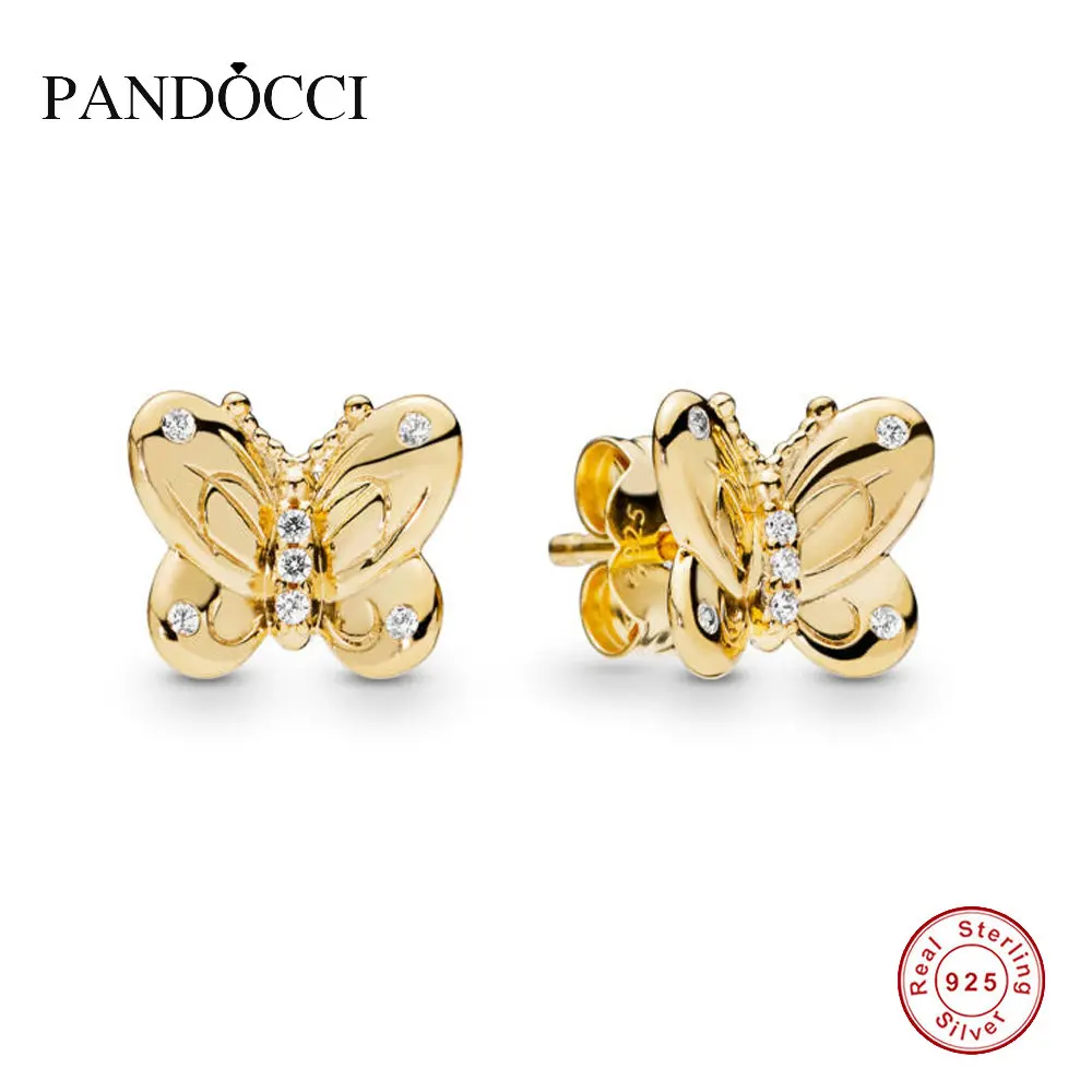 

PANDOCCI 925 Sterling Silver Shine Decorative Butterflies Original Stud Earrings For Women Bead Charm Gift DIY Jewelry