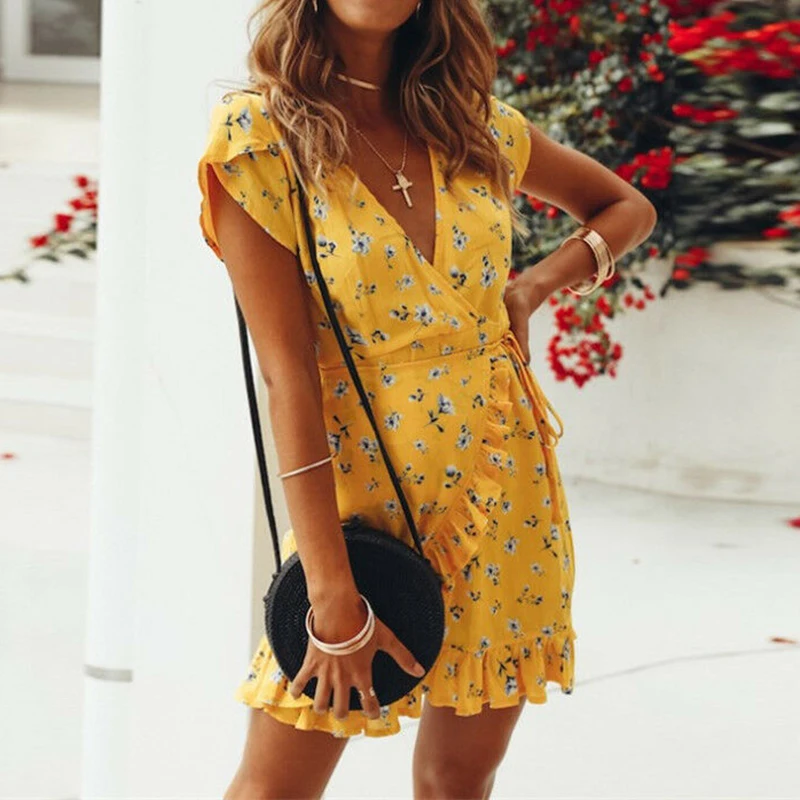 Women Summer Dress 2019 Boho Style Floral Print Sexy Beach Dresses Tunic Sundress Mini Party Dress Vestidos Plush Size S-3XL