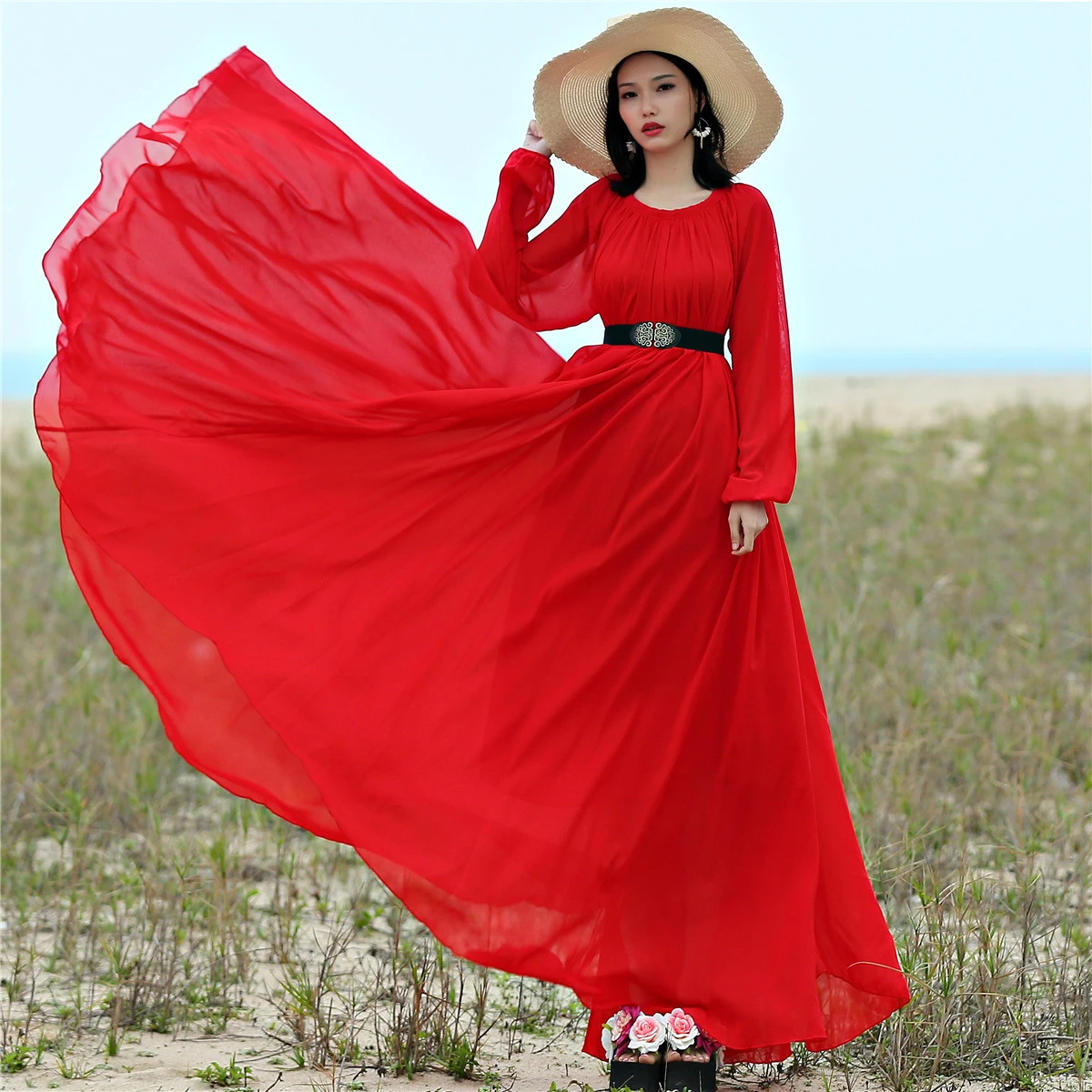 long sleeve chiffon maxi