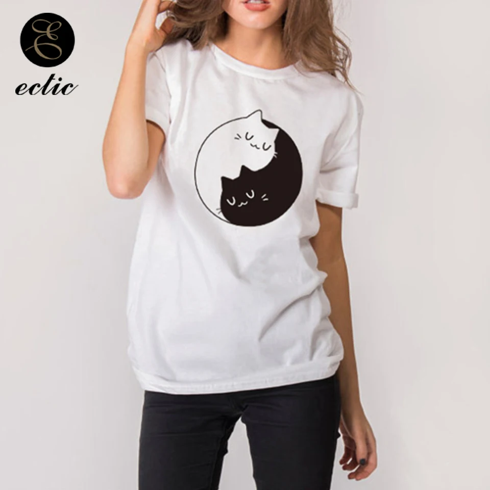 Yin Yang футболка с котом символ Camisa бланка Mujer 4xl повседневные женские футболки
