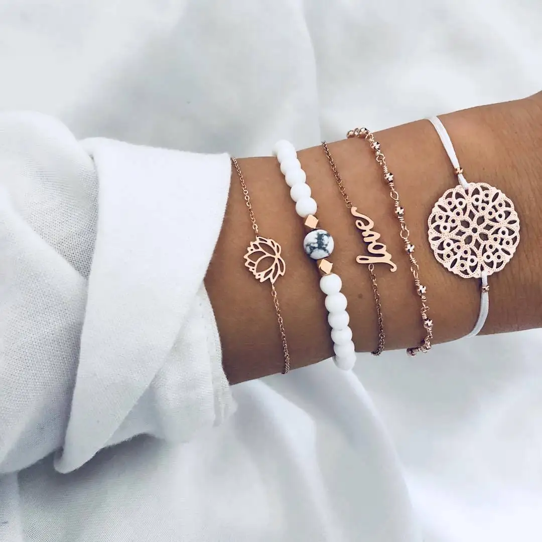 

5in1 New bohemian hand jewelry English love carved beads bracelet White five-piece suit bracelet female Jewelry gift