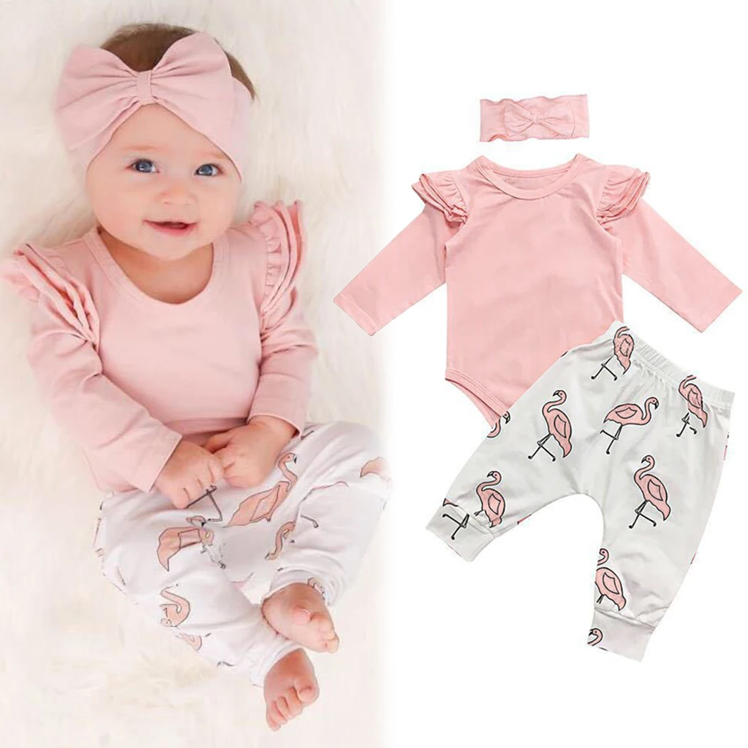 3Pcs/Set Cute Baby Girls Clothes Spring Toddler Kids Tops+Flamingo Print Pants Leggings + Headband Children Girls Clothing Suits