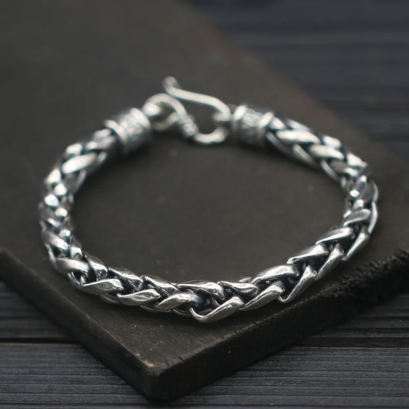 

925 Sterling Silver Bracelelt Bangle Single Hemp Rope Bracelet 8mm Simple Mens Thai Silver Handmade Punk Bracelets Men Jewelry