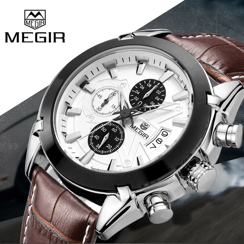 

2018 Hot MEGIR 2020 Mens Watches Genuine Leather Chronograph Function Luxury Mens Brand Military Wristwatches Relogio Masculino