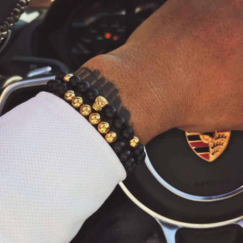 Mcllroy 2Pcs Natural Stone Buddha Charm Bracelets Skull Golde Beads Bracelets For Women Men Jewelry Cool Yoga Bracelets bileklik