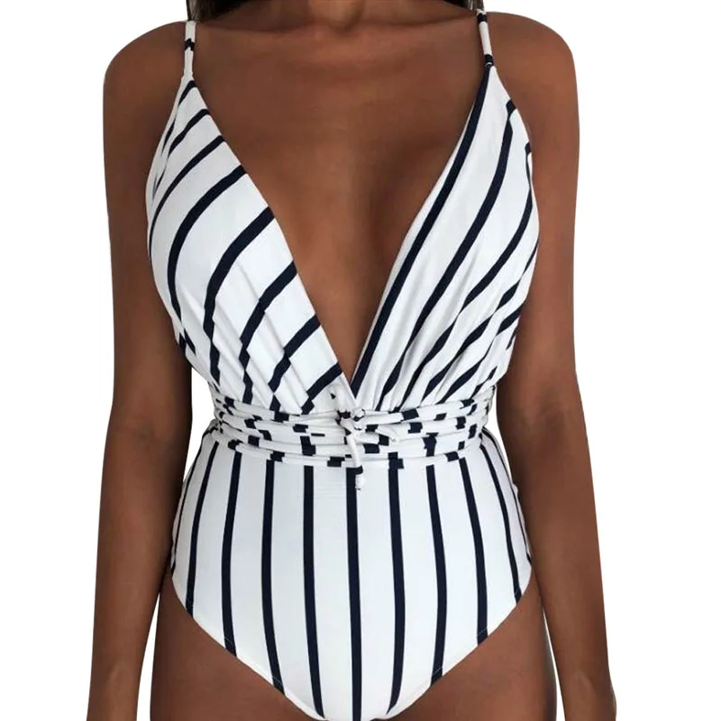 Сексуальный женский ретро слитный купальник, женский Глубокий v-образный вырез, открытая спина, бразильский Монокини, пуш-ап, купальник, купальный костюм, одежда для плавания, пляжная одежда - Цвет: striped