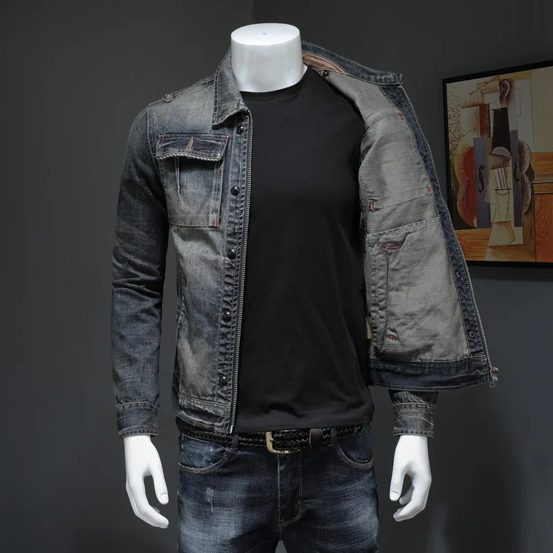 Новинка, мужское джинсовое пальто, Ретро стиль, ковбойские облегающие Топы с длинным рукавом, повседневная куртка на молнии размера плюс 4XL, брендовая Классическая джинсовая верхняя одежда для мужчин