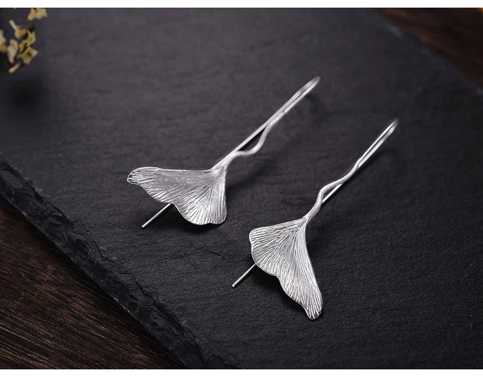 Muduh Collection Real 925 Sterling Silver Natural Handmade Designer Fine Jewelry Ginkgo Leaf Fashion Dangle Earrings for Women Brincos
