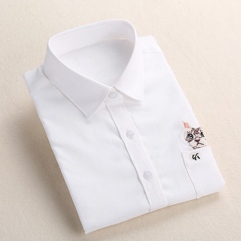 Dioufond, женская школьная рубашка, белые, синие Топы женские, блузки, рубашка с длинным рукавом, Женский офисный топ с карманом и вышивкой кошки