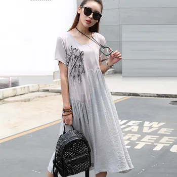 

New2017Summer style plus size women cotton linen long dress printed loose fit linen dress female casual longos vestidos 5XL 8027