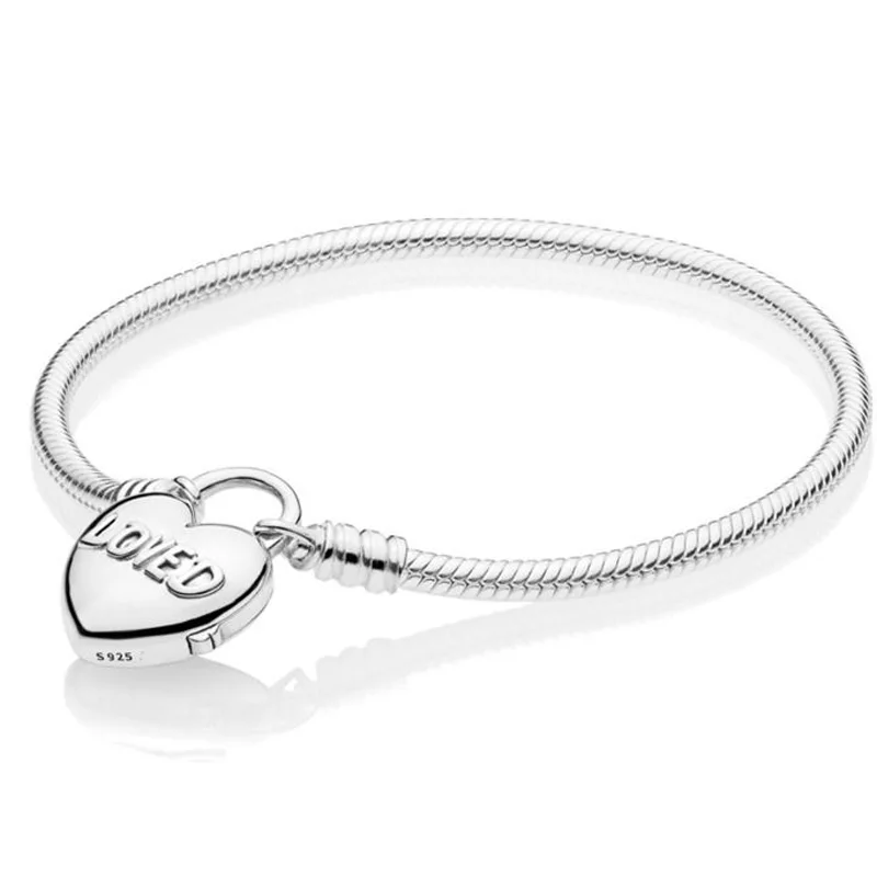 

925 Sterling Silver Bracelet Moments Smooth Loved Heart Padlock Clasp Bracelet Bangle Fit Bead Charm Diy Pandora Jewelry