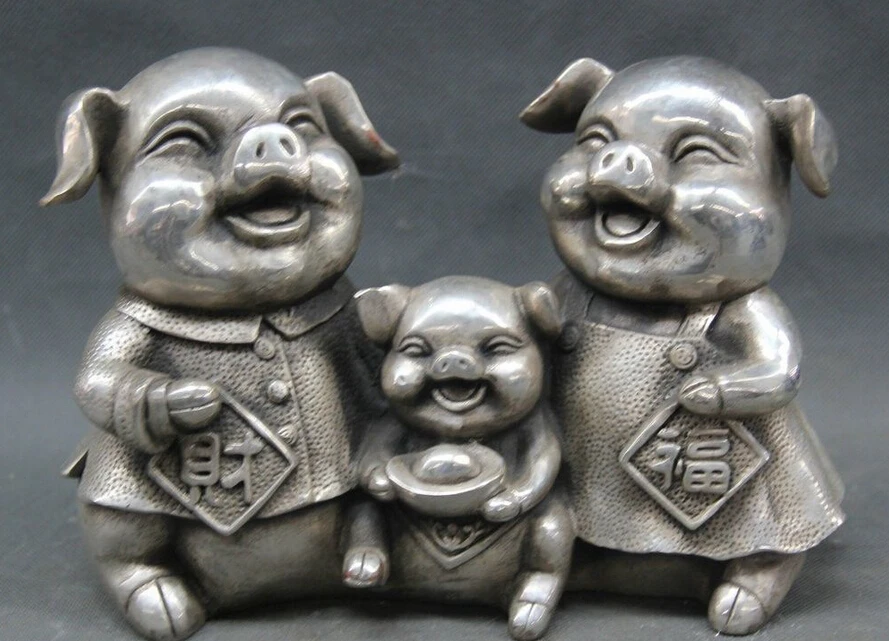 

9" Chinese Folk silver Zodiac Year wealth Happy Family Fu Pig statue sculpture