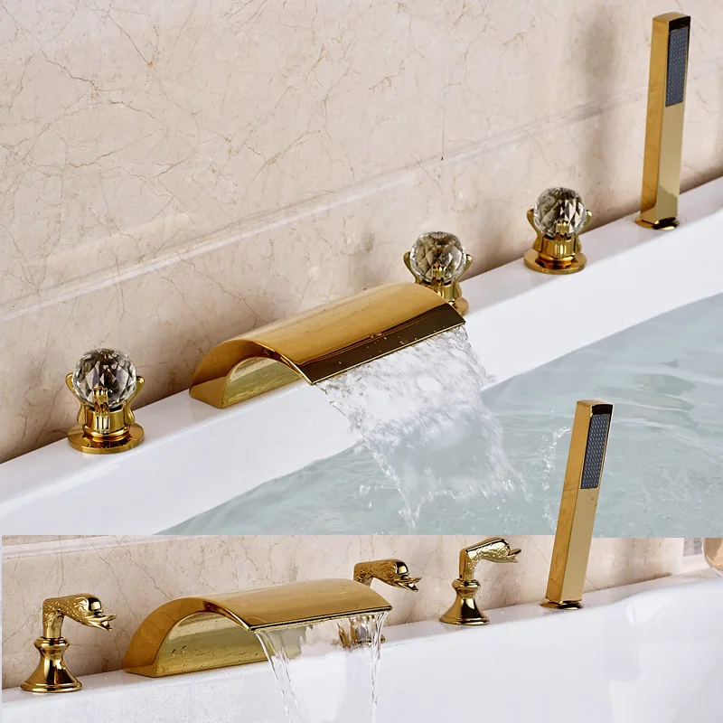 Bathroom Brass Golden Tub Sink Mixers with Handshower Deck Mounted Widspread 5pcs Bathtub Faucet