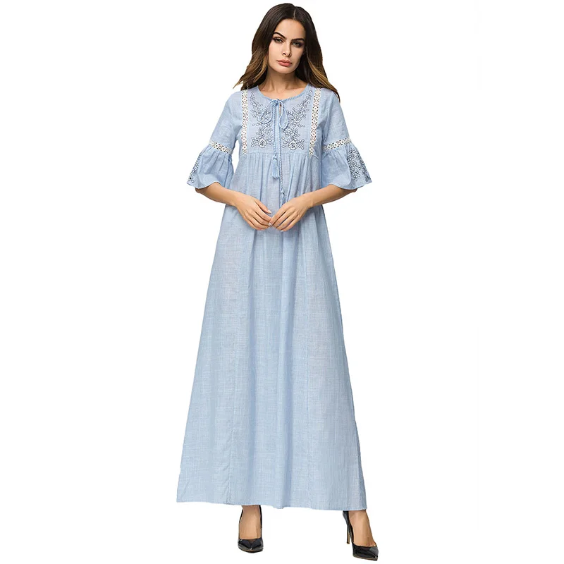ShejoinSheenjoy Half Flare Sleeve Embroidery A-Line Ladies Party Dresses O-Neck Tassel Bow Hollow Out Sexy Women Long Dress (1)