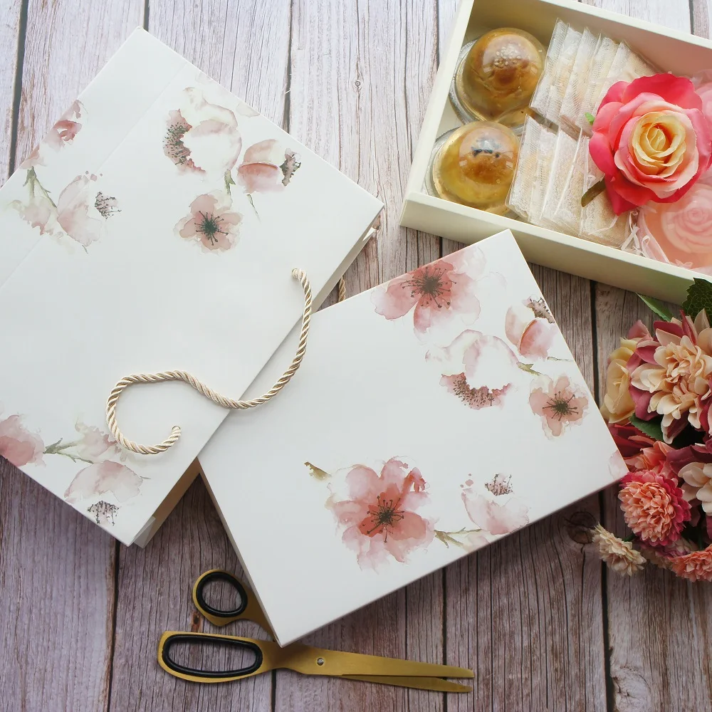 

22*15.5*5cm 5pcs Light Yellow Flower In Water Design Paper Box As Macaron Chocolate Cookie Moon Cake Party Gifts Packaging