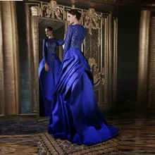 Neueste 2015 Marineblau Abendkleider Mit Spitze Mit Langen Ärmeln O-ausschnitt Bodenlangen Ballkleider Tiered Taft Abendkleid
