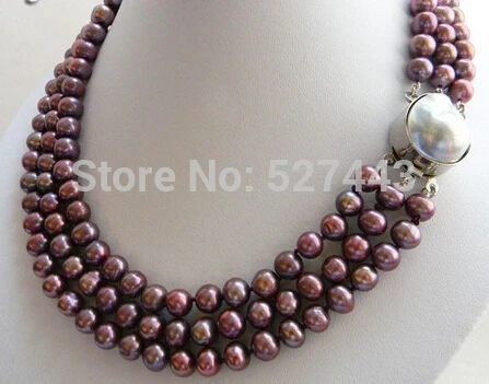 

Wholesale p&p 3Strands 9MM Purple Round Freshwater Pearl SEA MABE Clasp Necklace