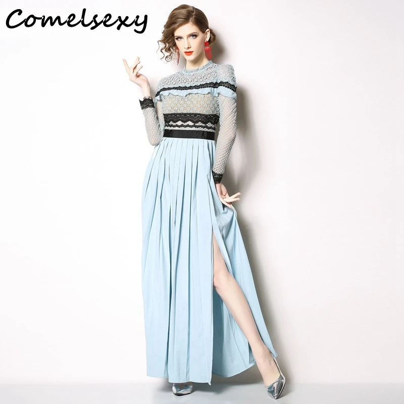 

Comelsexy 2019 New Runway Pleated Long Dress Women Lace Flower Crochet Ruffles Patchwork Hollow Out High Split Maxi Party Dress