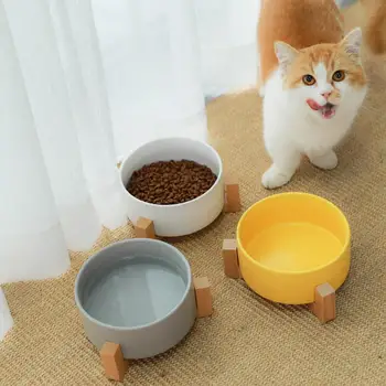 

Pet Anti Slip Elevated Dog Cat Wooden Ceramic Pet Feeder Adjustable Dog Food water Stand Raised Bowl