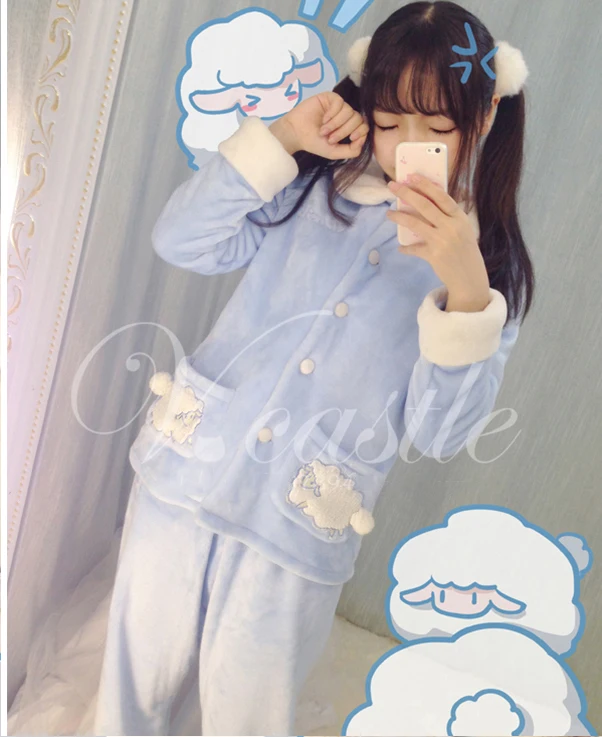 Зимняя флисовая одежда для сна с меховым помпоном и хвостом для девочек, Kawaii милый пижамный комплект, домашняя одежда в стиле Лолиты теплая Милая одежда синего цвета для малышей