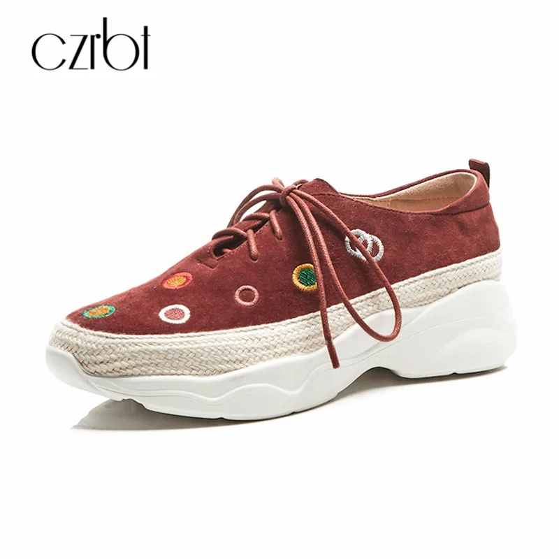

CZRBT Platform Shoes Women 2018 Autumn Women Shoes Natural Suede Ladies Flat Shoes Embroider Thick Bottom Casual Women Shoes
