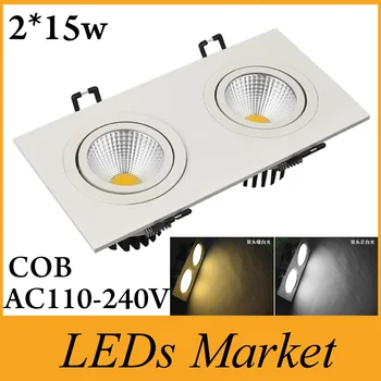

White Shell CREE COB Led Recessed Down Lights dimmable 2*15w square ceiling lights AC110-240v Warm White 3000K CE UL