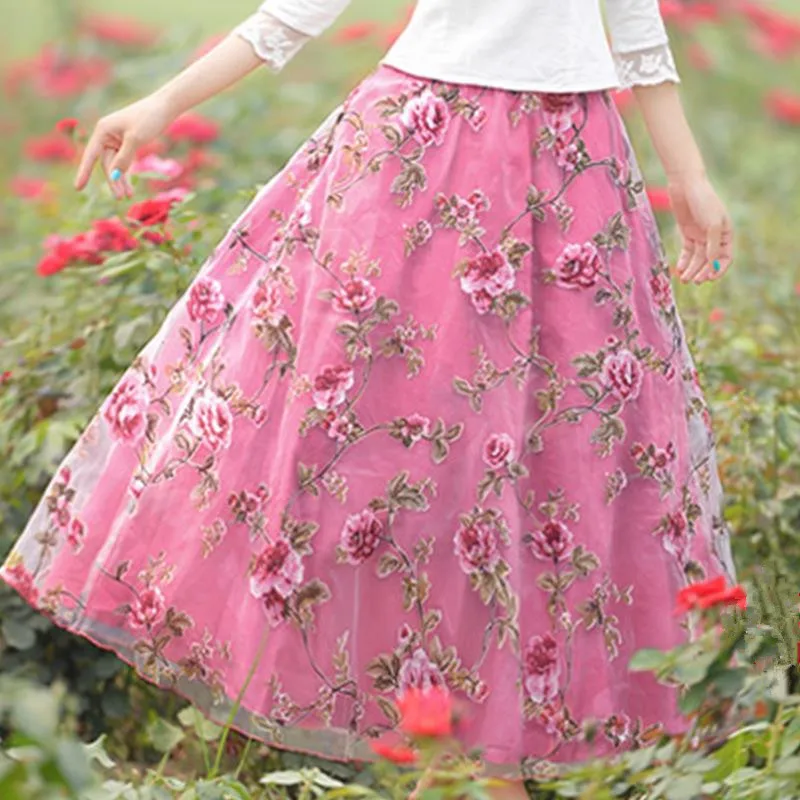 

Long Skirt Womens High waist plus size xxxl floar print organza skirt