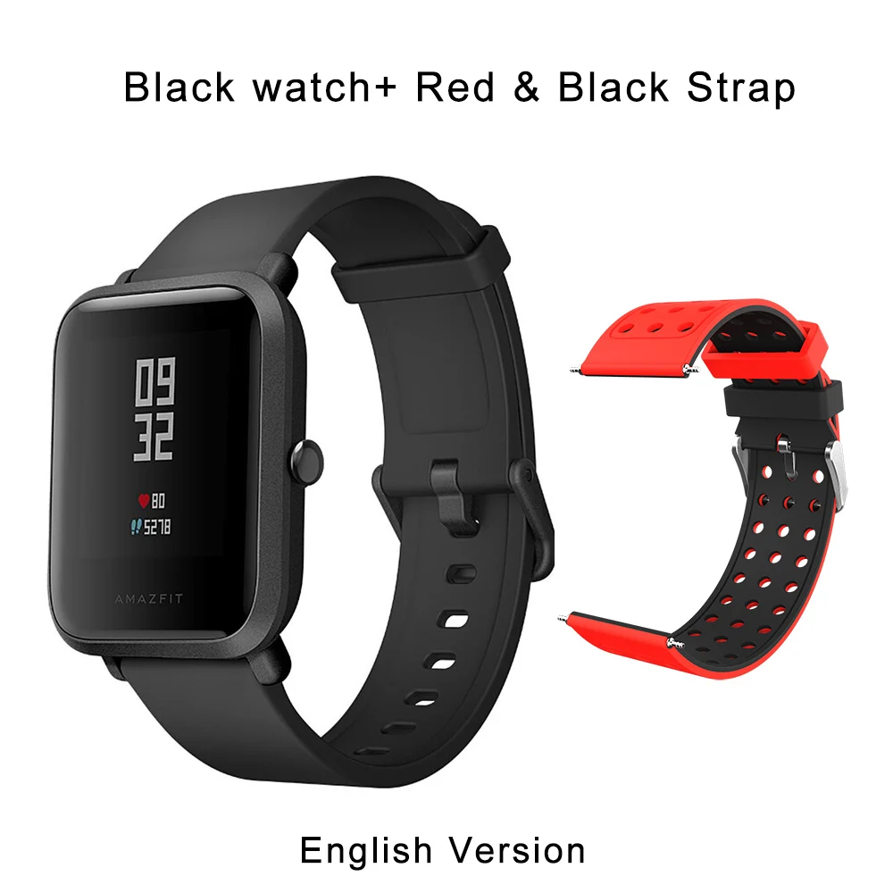 Оригинальные Смарт-часы Amazfit Bip, gps-часы, 45 дней в режиме ожидания, смарт-часы для телефона MI8, IOS, глобальная версия, черный цвет - Цвет: Black n red strap