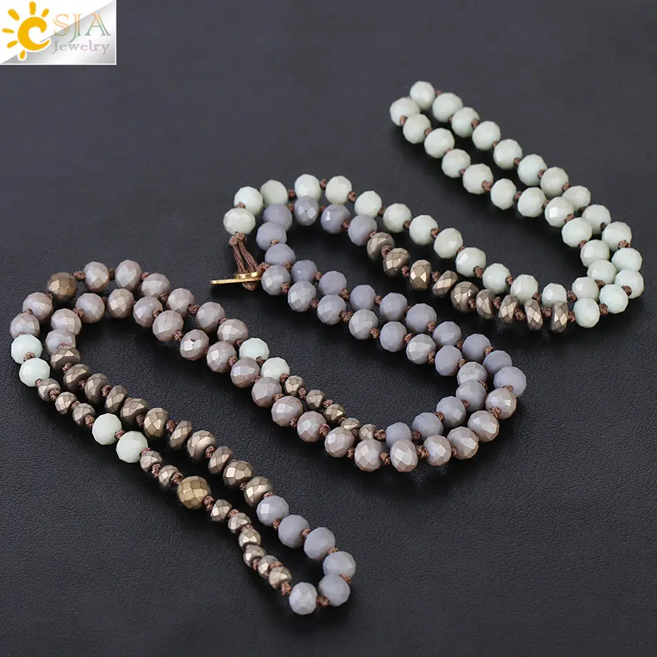 

CSJA Trendy Grey Faceted Glass Beads Necklace Austria Crystal Bead Chain Long Sweater Collier Handmade Women Ethnic Jewelry S044