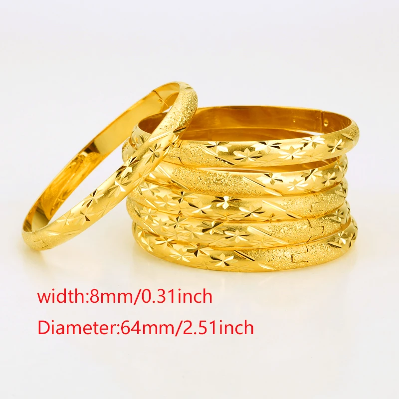 Bangle Bracelet 8MM 6Pcs/Lot Dubai Gold Bangles for Women Men 24k Color Ethiopian Bracelets African Jewelry Saudi Arabia Wedding Bride Gift