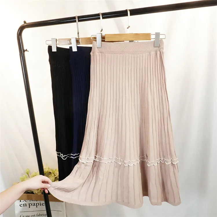 Новая женская трикотажная юбка осень зима эластичные трикотажные юбки с высокой талией трапециевидная Женская плиссированная юбка длинная юбка миди AB1063