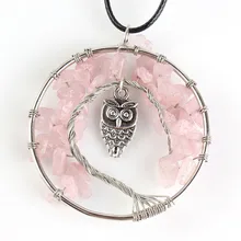 100-уникальный 1 шт Шарм покрытый серебром натуральный розовый кварцевый кристалл проволока обернутый Древо жизни кулон веревка цепь ожерелье