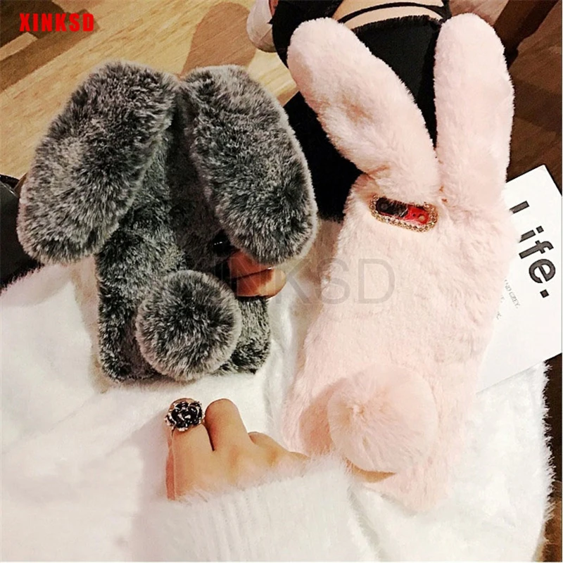Rabbit Warm fur hair Case For Samsung Galaxy S9 S8 Plus A6 A8 J6 2018 A3 A5 A7 J3 J5 2017 J7 2016 Diamond Plush Bunny Back Cover (12)