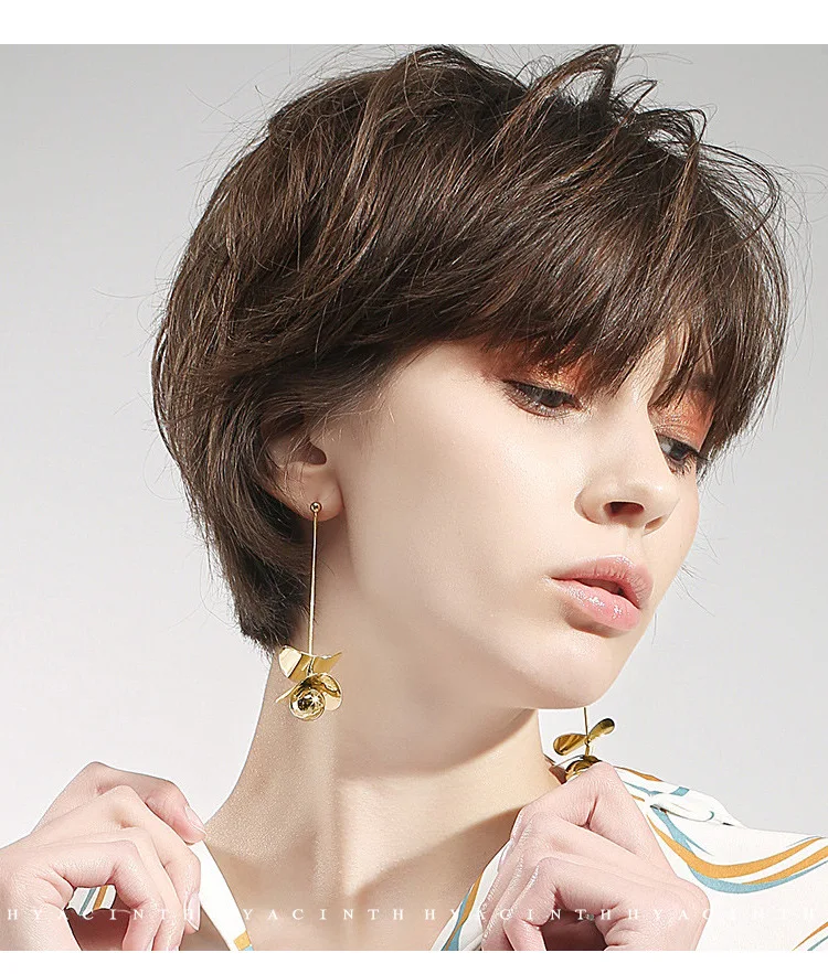 HUANZHI S925 Matte Metal Gold Double Layer Irregular Wave Twisted Circle Long Tassel Ball Earrings for Women Ear Line - Image 6